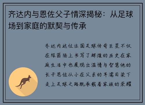 齐达内与恩佐父子情深揭秘：从足球场到家庭的默契与传承